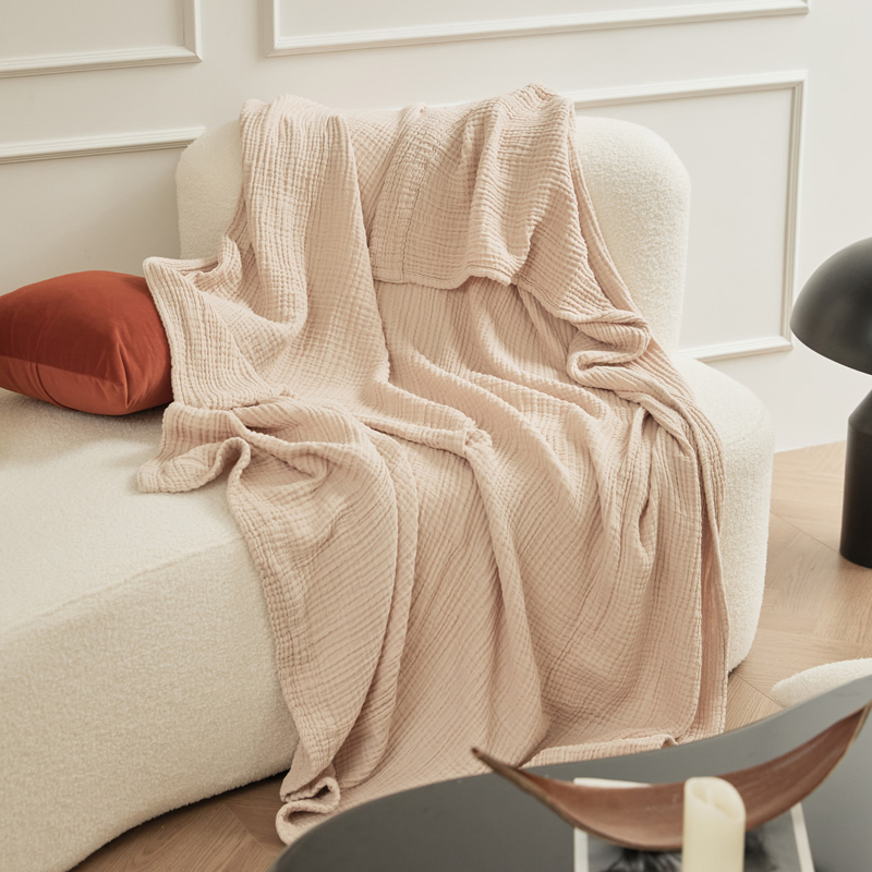 2024新款全棉四层皱皱纱毯空调盖毯 150*200cm 包边款-裸粉色