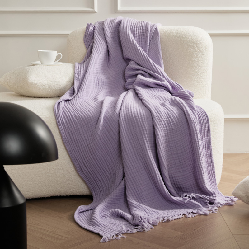 2024新款全棉四层皱皱纱毯空调盖毯 130*170cm 流苏款-香芋紫