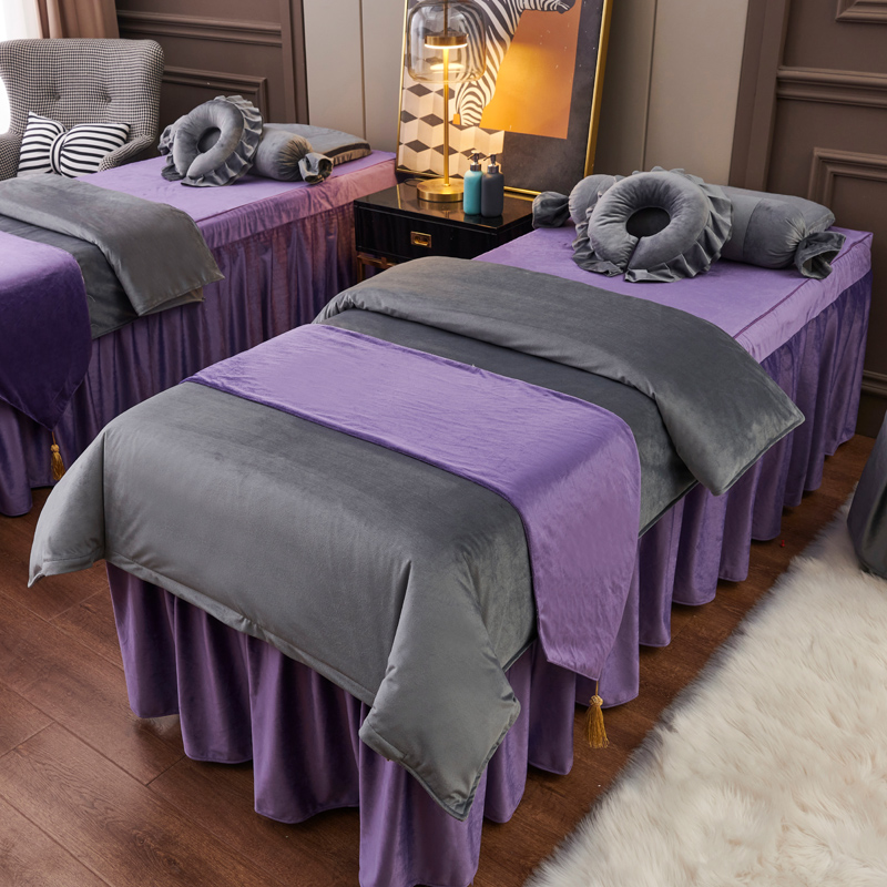 2023新款婴儿绒美容床罩四件套 180x60cm床罩式方头四件套 婴儿绒-深灰配紫