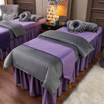 2023新款婴儿绒美容床罩四件套 180x60cm床罩式方头四件套 婴儿绒-深灰配紫