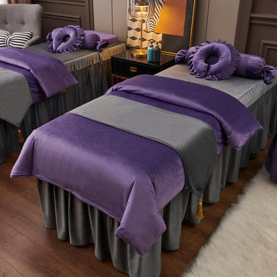 2023新款婴儿绒美容床罩四件套 180x60cm床罩式方头四件套 婴儿绒-紫色配灰