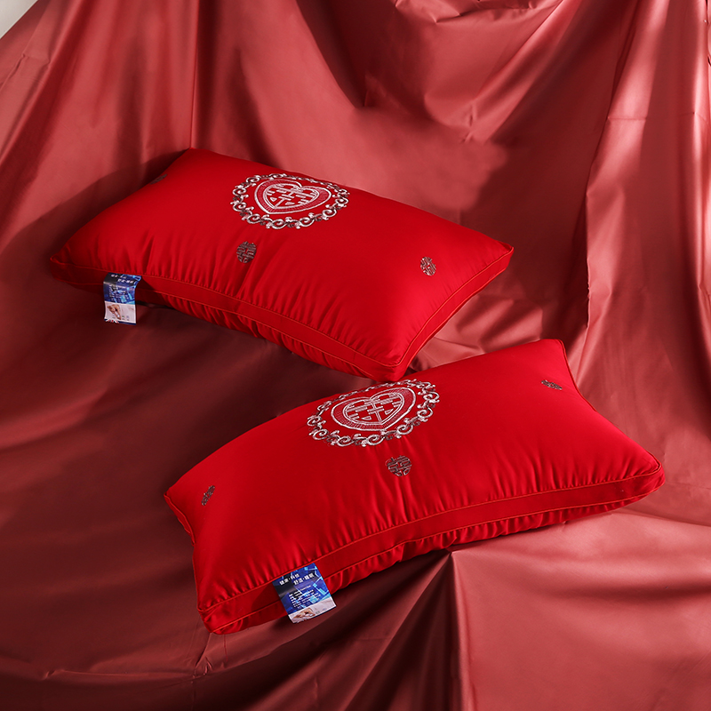 2021新款全棉刺绣婚庆喜结良缘羽丝枕枕头枕芯护颈枕（48*74cm/只） 红色