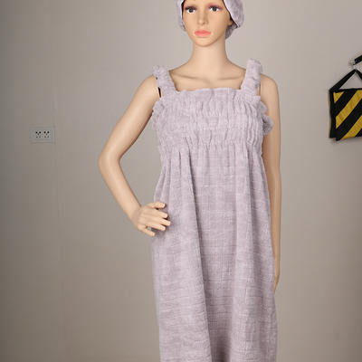 2021新款韩系简约纯色高克重纳米吸水毛巾速干面料方格浴裙+浴帽套装 （均码140斤内可穿） 紫