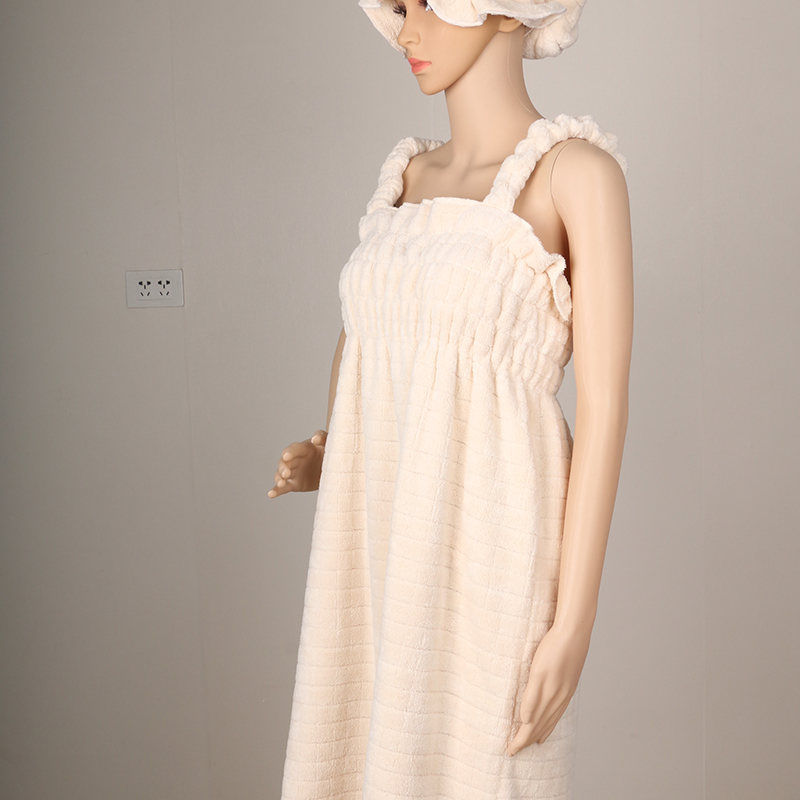 2021新款韩系简约纯色高克重纳米吸水毛巾速干面料方格浴裙+浴帽套装 （均码140斤内可穿） 米白