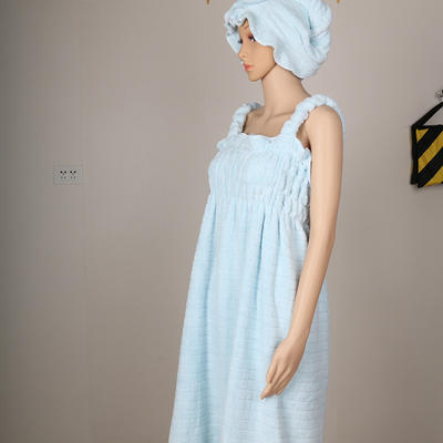 2021新款韩系简约纯色高克重纳米吸水毛巾速干面料方格浴裙+浴帽套装 （均码140斤内可穿） 蓝