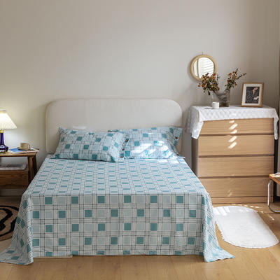 新款全棉磨毛格子印花系列套件-单床单、床笠 160*230cm单床单 遇见-格调蓝