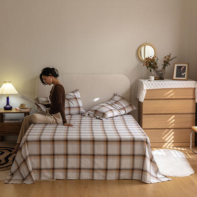 新款全棉磨毛格子印花系列套件-单床单、床笠 160*230cm单床单 遇见-米可咖