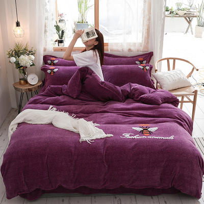 2019新款-加厚牛奶绒毛巾绣四件套 床单款四件套1.8m（6英尺）床 小黄蜂 紫