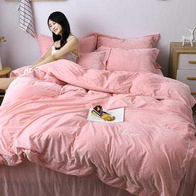 2020新款-水晶绒纯色加厚绣花工艺款四件套 床单款四件套1.5m（5英尺）床 love 玉色
