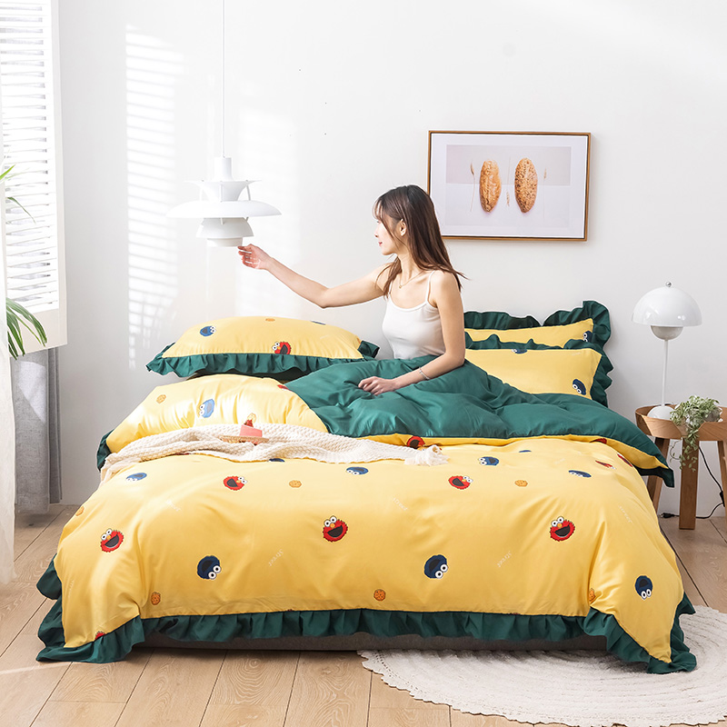 2020新款-韩版印花水洗天丝四件套 床单款四件套1.5m（5英尺）床 小芝麻（黄）