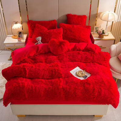 2022新款床单床笠水貂绒四件套 1.8米床单款四件套 大红