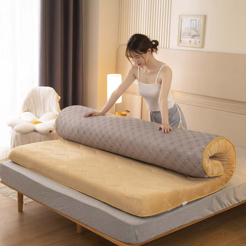2022新款加厚绗绣款牛奶绒床垫保暖防滑透气大豆纤维床垫 120x200（6cm） 法莱绒驼色