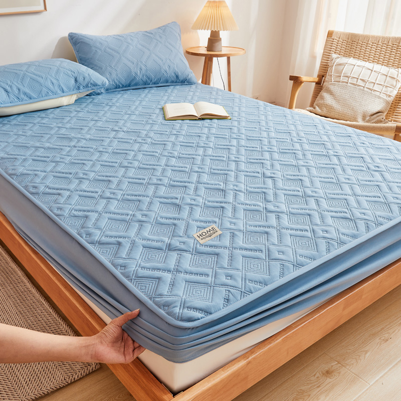 2024新款a类母婴级防水床笠纯色床单床垫保护套 90x200cm+30cm两件套 迷宫格-宾利蓝