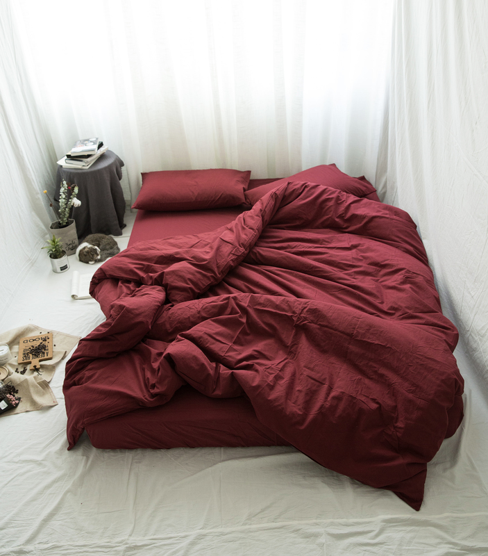 全棉无印裸睡四件套纯色水洗薄纱 1.5m（5英尺）床 玫瑰红