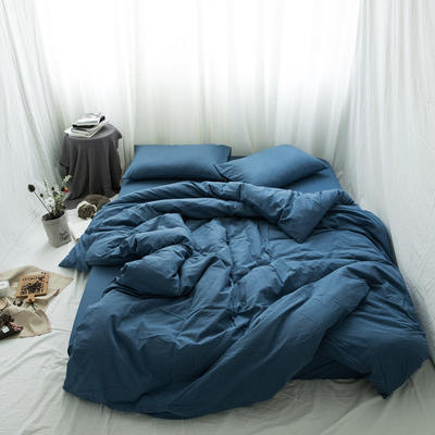 全棉无印裸睡四件套纯色水洗薄纱 1.5m（5英尺）床 深蓝