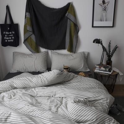 2018新款-针织棉色纺四件套-混白黑条纹 床笠款1.5m（5英尺）床 混白黑条纹