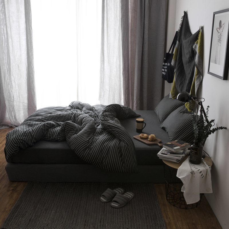 2018新款-针织棉色纺四件套-碳黑白条纹 床笠款1.2m（4英尺）床 碳黑白条纹