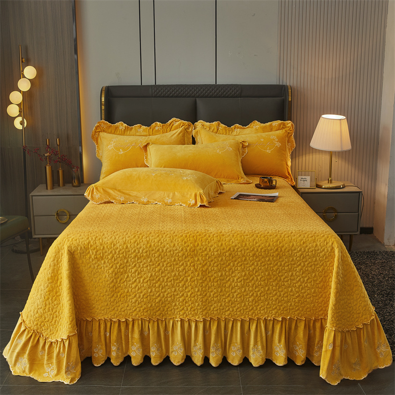 2023新款玲珑花语宝宝绒床盖款床裙花边四件套-单床盖床裙 250x270cm单床盖 柠檬黄