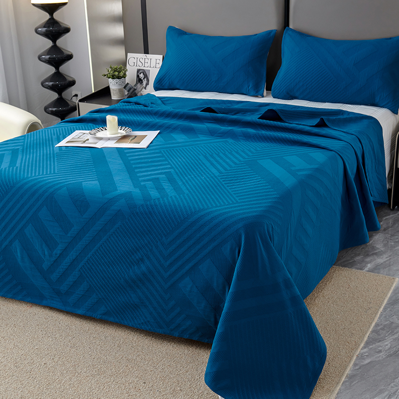 2024新款全棉四季加厚床盖床单纯棉盖毯纱布毛巾被夏被三件套 200cmx230cm 几何-蓝