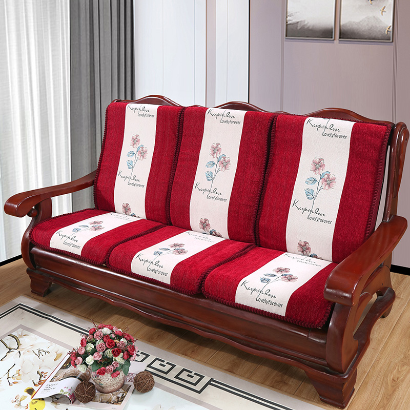 2020新款老沙发式雪尼尔木沙发垫（一座一靠8cm款） 55*50*60（靠背高） 牵牛花-红