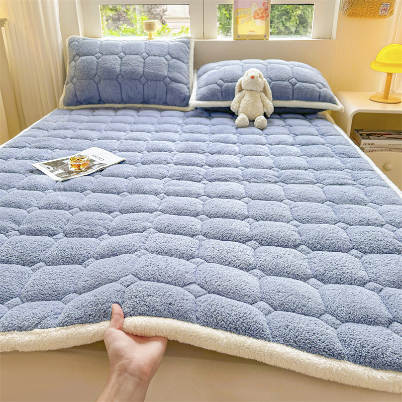 2025泰迪绒加厚床垫床护垫纯色素色北极绒床褥子宿舍床垫子 泰迪绒床褥-宾利蓝