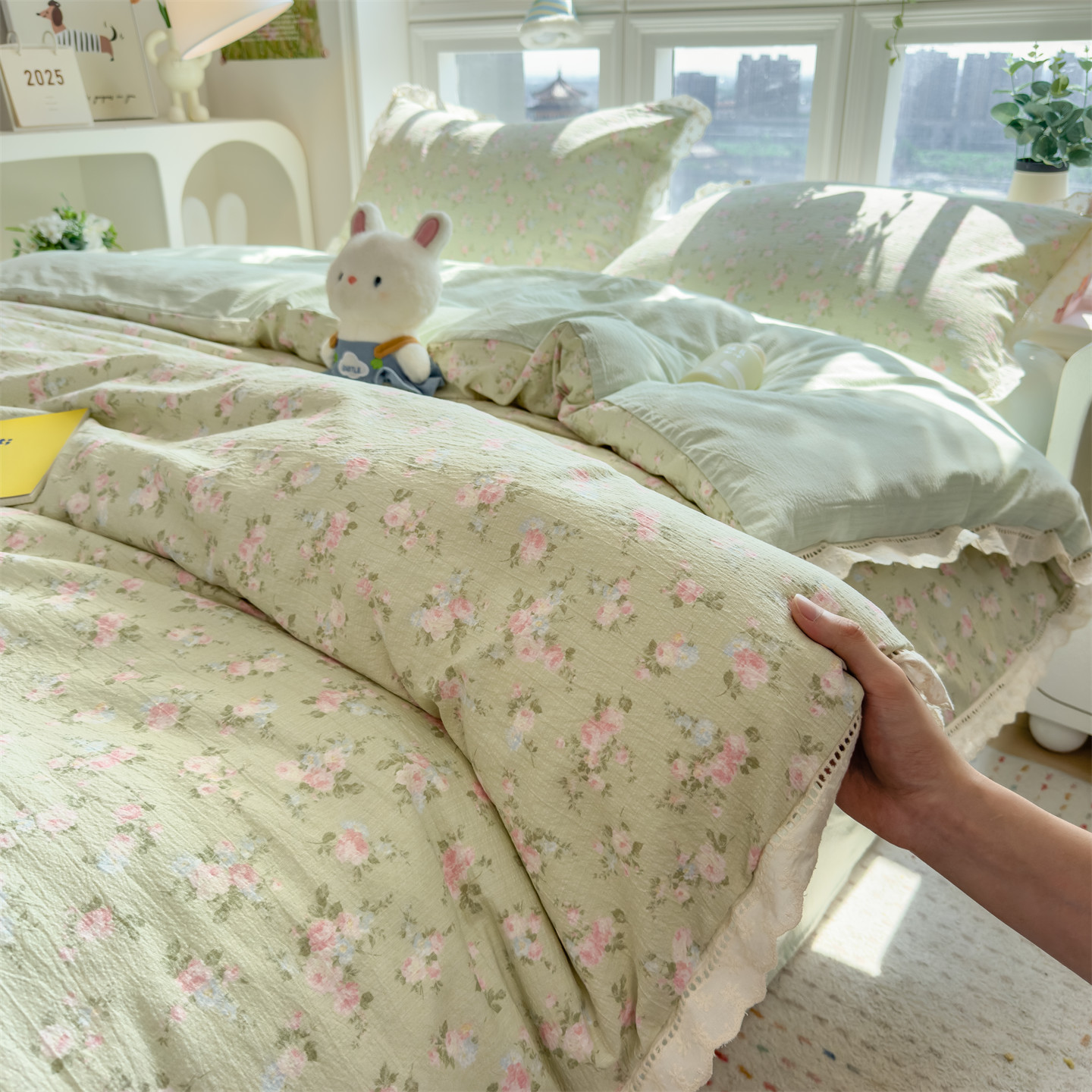 2025新品皱皱双层纱四件套木棉镂空花边款套件 爱尔蓝