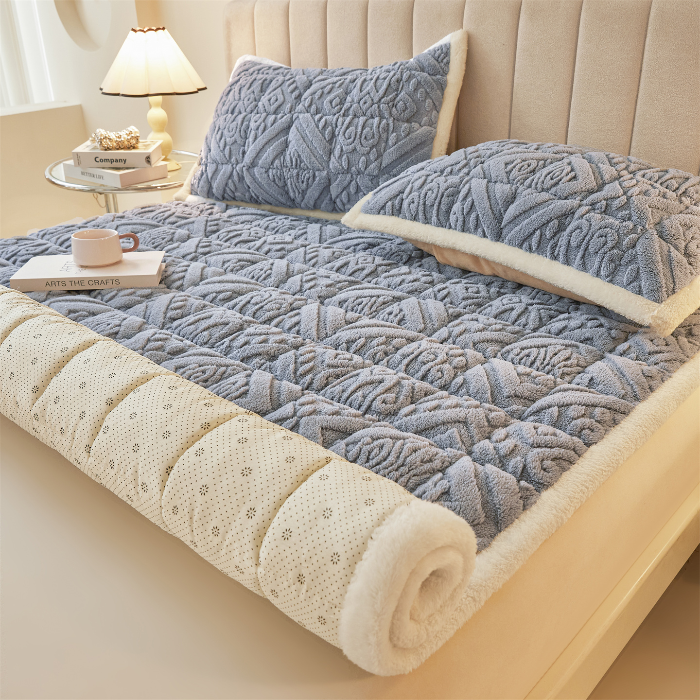 2025秋冬新款加厚塔芙绒床垫床褥床护垫双人床纯色素色垫子 塔芙绒床褥-英伦蓝灰