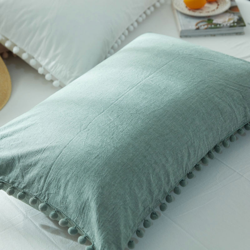 全棉纯棉水洗棉少女风球球枕头套枕套单只 48x74cm/对 绿色球球枕套