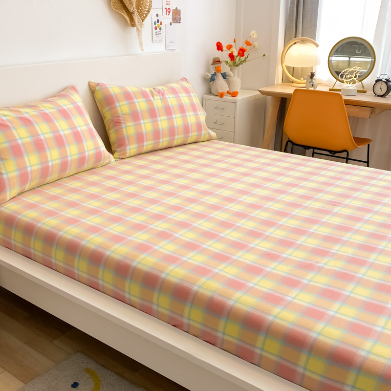 新款全棉色织水洗棉单品床单+枕套学生宿舍两三件套 床单120*230cm2件套 弗暖-粉黄