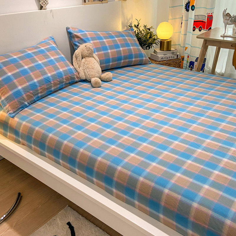 新款全棉色织水洗棉单品床单+枕套学生宿舍两三件套 床单120*230cm2件套 弗暖-中蓝