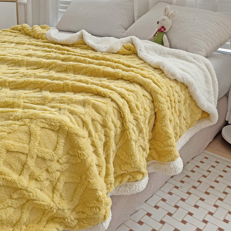 新款治愈系加厚款塔芙绒羊羔绒双层毛毯毯子 100x120cm 柠檬黄