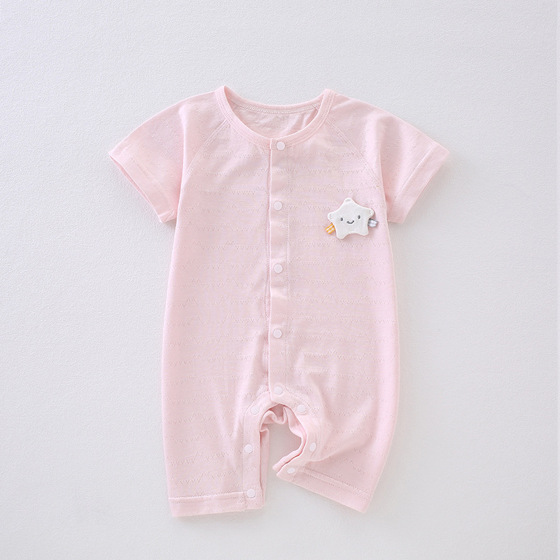 婴幼儿夏季连体衣男女宝宝哈衣短袖莫代尔薄款睡衣新生儿空调服 73cm 粉色