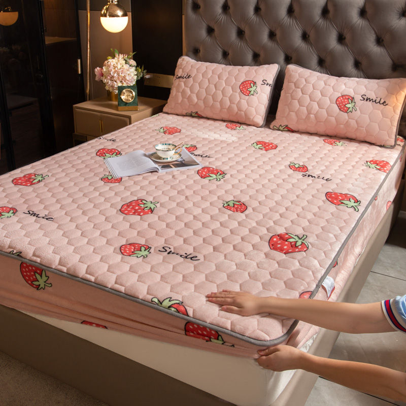 牛奶绒床笠床罩夹棉防滑固定加厚全包床单防尘罩席梦思床垫保护套 90cmx200cm 粉草莓