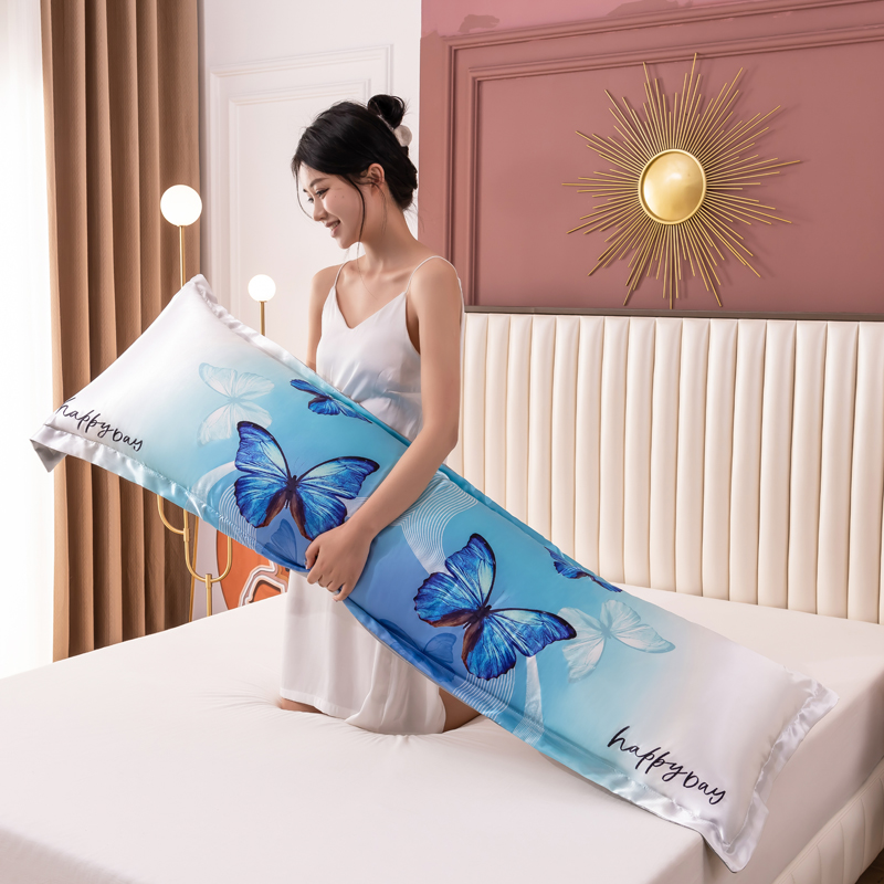 2024新款大版可水洗冰丝双人枕套1.2m夏季情侣加长枕头套1.8米丝滑枕芯套（双人款） 48X120cm 蓝蝴蝶