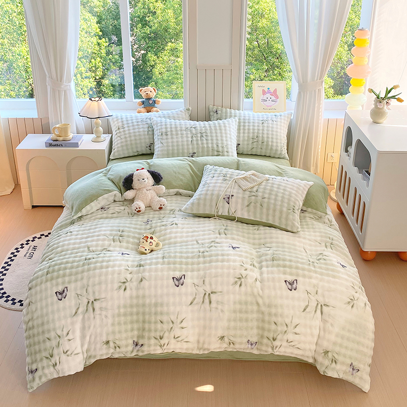 2025新款加厚保暖泡泡绒印花四件套 竹叶蝴蝶