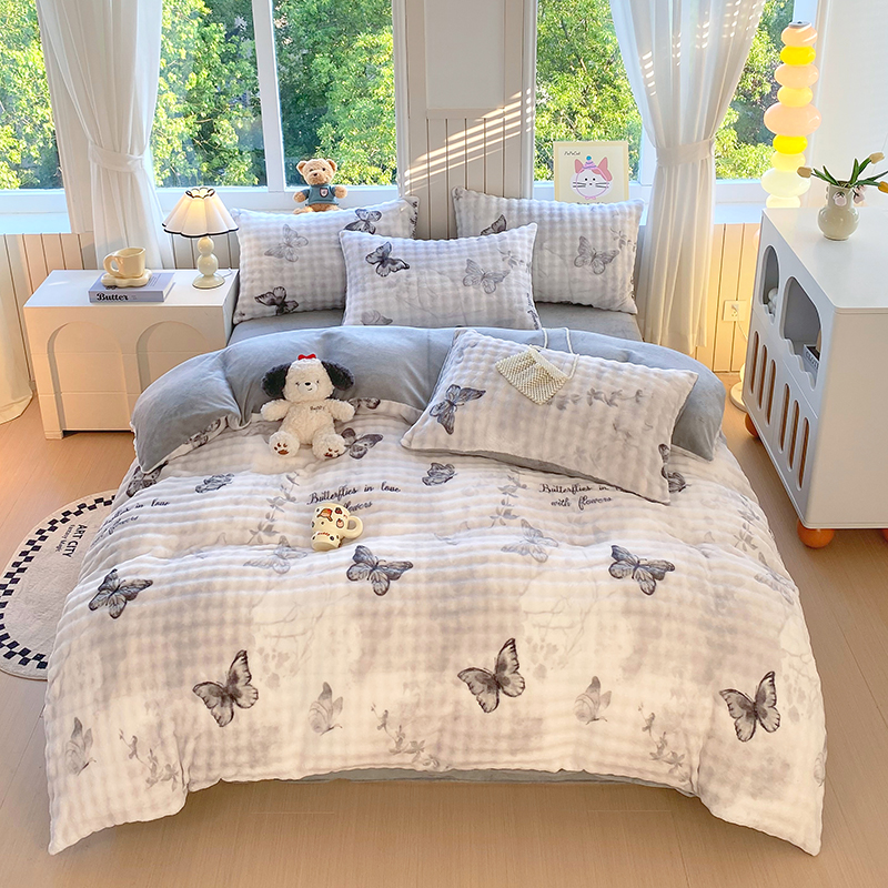 2025新款加厚保暖泡泡绒印花四件套 简影蝴蝶