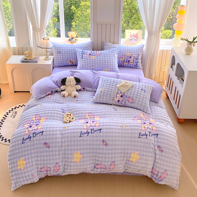 2025新款加厚保暖泡泡绒印花四件套 五星兔兔