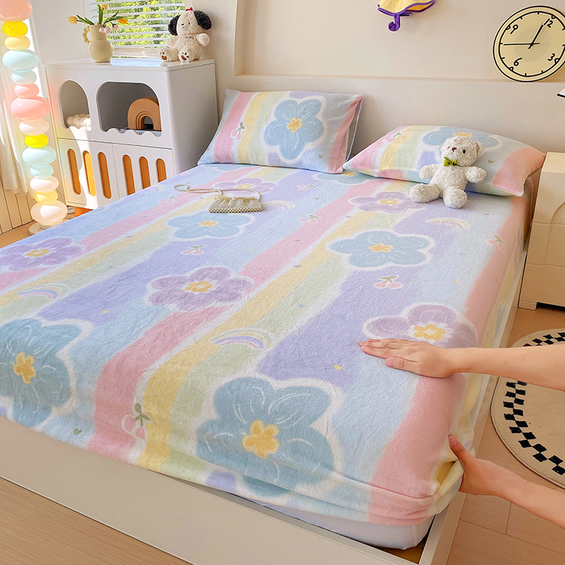 2025秋冬新款加厚牛奶绒床笠 七彩花梦