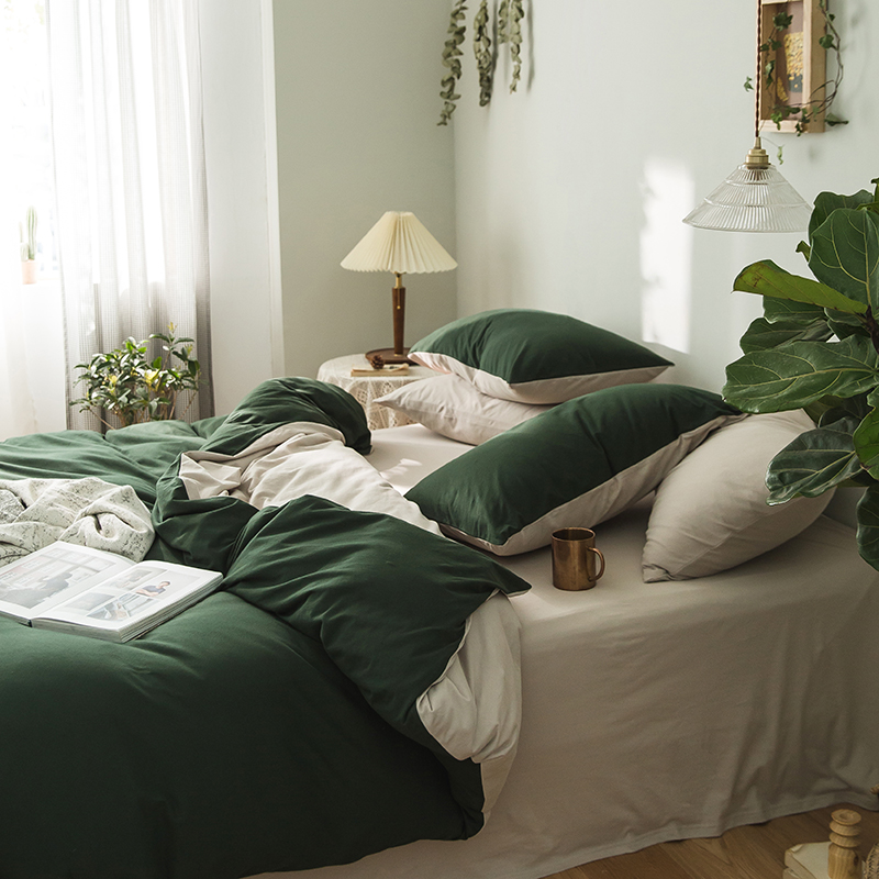 针织棉纯色系列四件套 1.2m床单款三件套 森林绿米咖