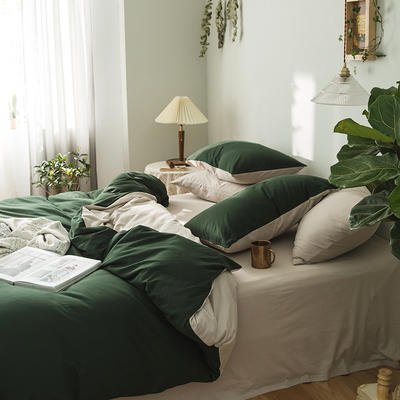 针织棉纯色系列四件套 1.5m床单款四件套 森林绿米咖