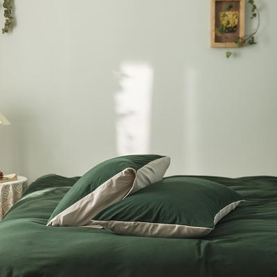 针织棉纯色系列-单枕套 48*74cm/对 深林绿米咖
