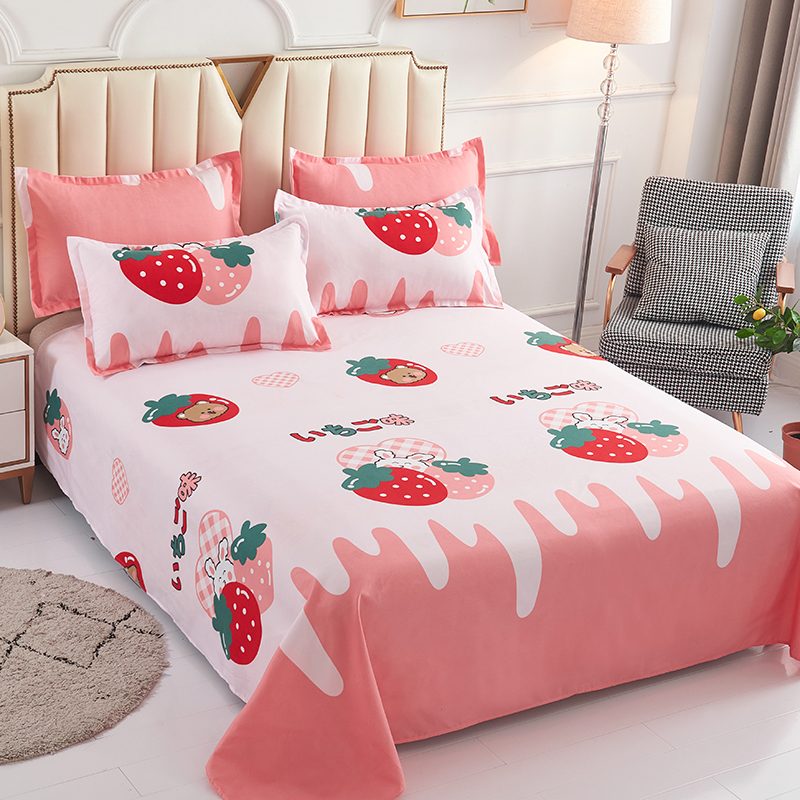 2023新款植物羊绒磨毛印花亲肤床单三件套 2.0*2.3m床单+枕套一对 甜心草莓