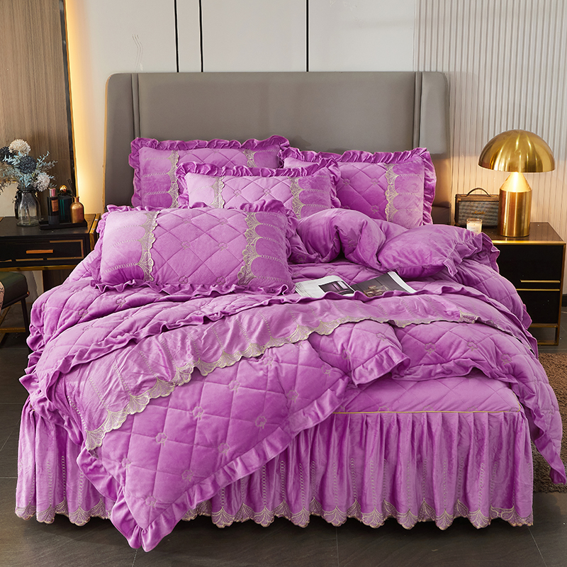 2022新款刺绣水晶绒单床裙三件套四件套系列-四件套 1.8*2.0m单床裙 刺绣紫色