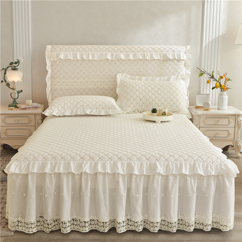 2023新款全棉夹棉公主蕾丝床裙床头罩四件套-床裙 1.2米床头罩 白色