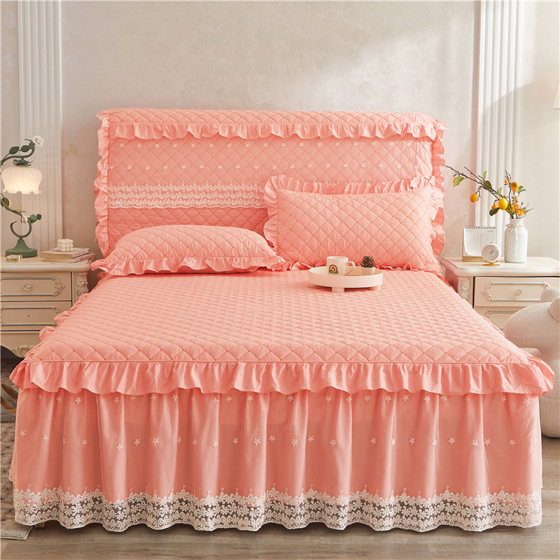 2023新款全棉夹棉公主蕾丝床裙床头罩四件套-床裙 1.2米床头罩 粉色