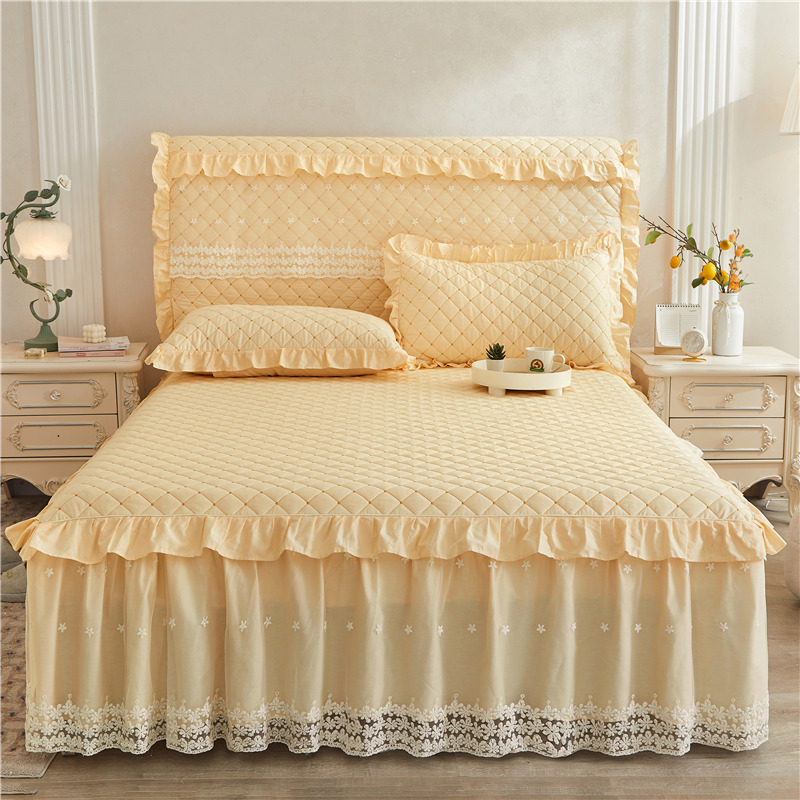 2023新款全棉夹棉公主蕾丝床裙床头罩四件套-床裙 1.2米床头罩 米黄色