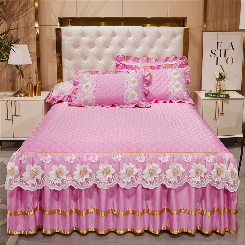 2023新款仿天丝夹棉床裙单床裙-金色年华 150*200cm+枕套一对 粉色