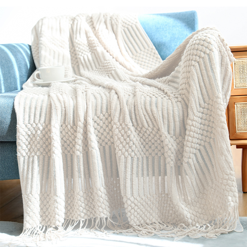 2024新款菠萝格泡泡针织毯子休闲毯 130*230cm（含流苏） 菠萝格-米白