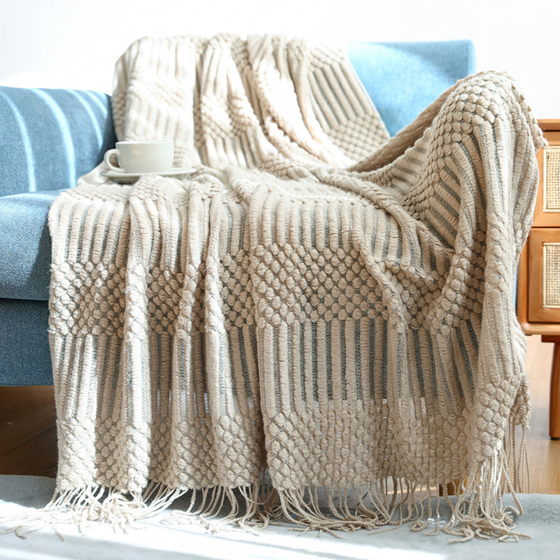 2024新款菠萝格泡泡针织毯子休闲毯 130*230cm（含流苏） 菠萝格-卡其