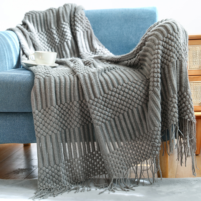 2024新款菠萝格泡泡针织毯子休闲毯 130*230cm（含流苏） 菠萝格-灰色